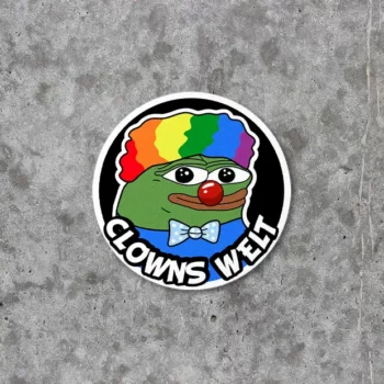 Produktbild für Sticker bzw. Aufkleber mit dem Motiv "Pepe Meme". Pepe ist ein Internet Meme, welches einen Frosch zeigt. Auf dem Sticker ist der Frosch Pepe als Clown dargestellt. Unter ihm findet sich die Aufschrift "Clownswelt".